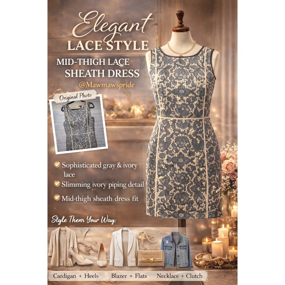 Ann Taylor Gray Lace Sheath Dress Ivory Piping Sleeveless Floral Size 12